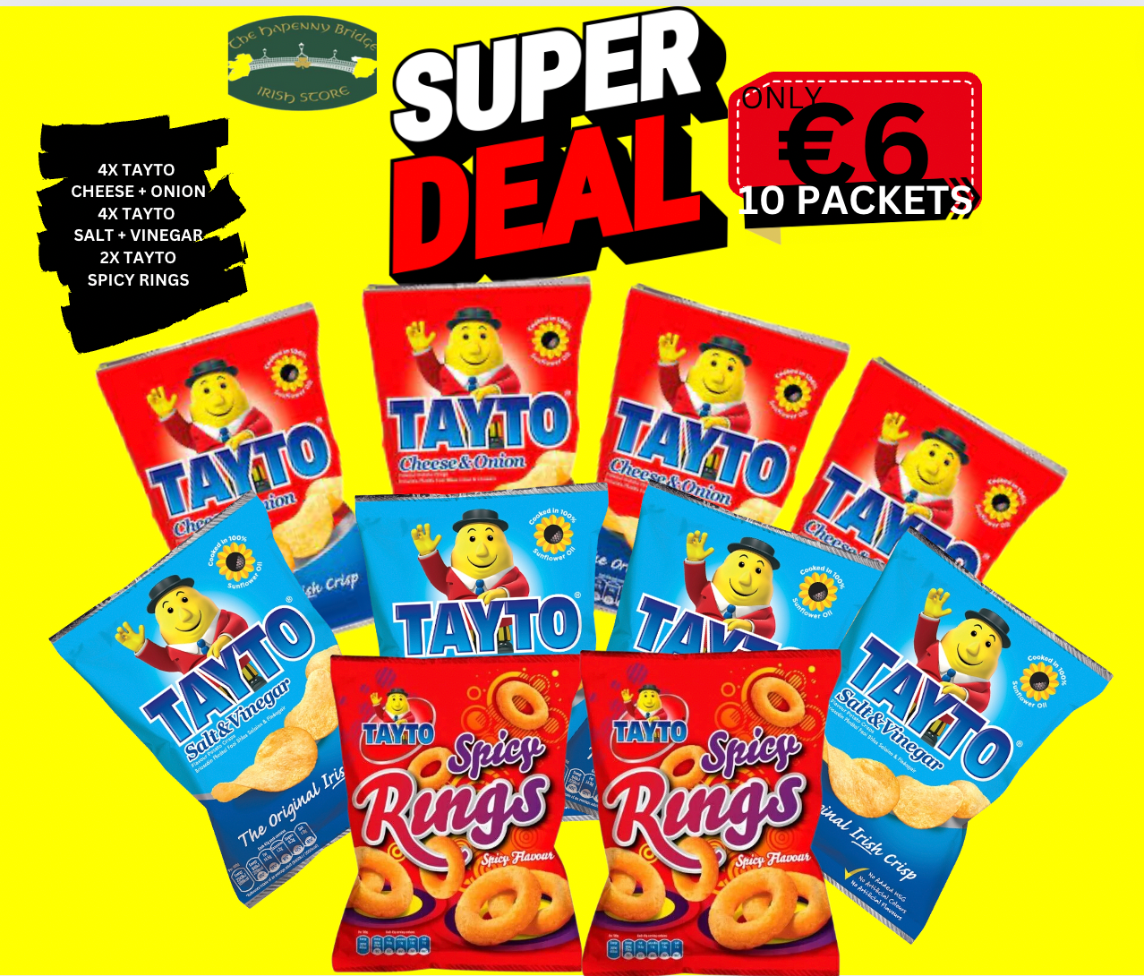 Tayto 10 Pack Bundle Tayto cheese + onion, Tayto salt + vinegar, Tayto spricy rings